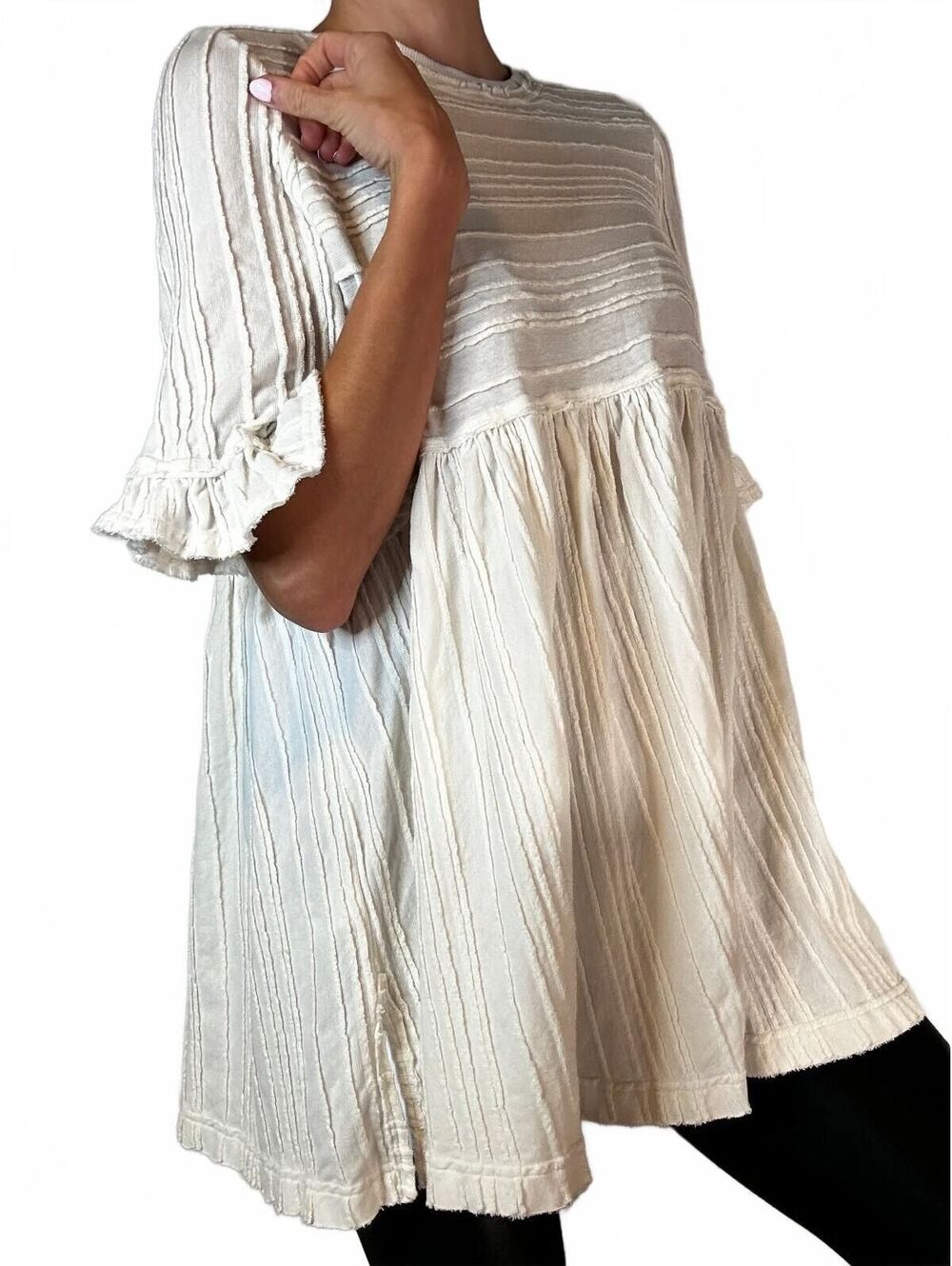 Free People Ivory Textured Ruffle Sleeve Babydoll Tunic Top Size Small